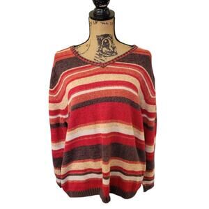 Size 18 Vintage Carolina Colours Striped Neutral Autumn Tones V-neck Sweater